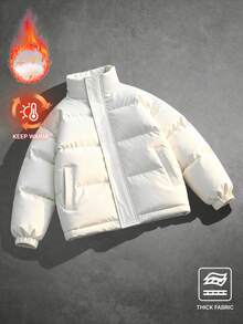 1pc Men's Beige Stand Collar Cotton Padded Coat, Polyester Fabric, Loose Quilted Puffer Style, Suitable For Streetwear, Commuting In Winter, Old Money Style - Beige - View 11