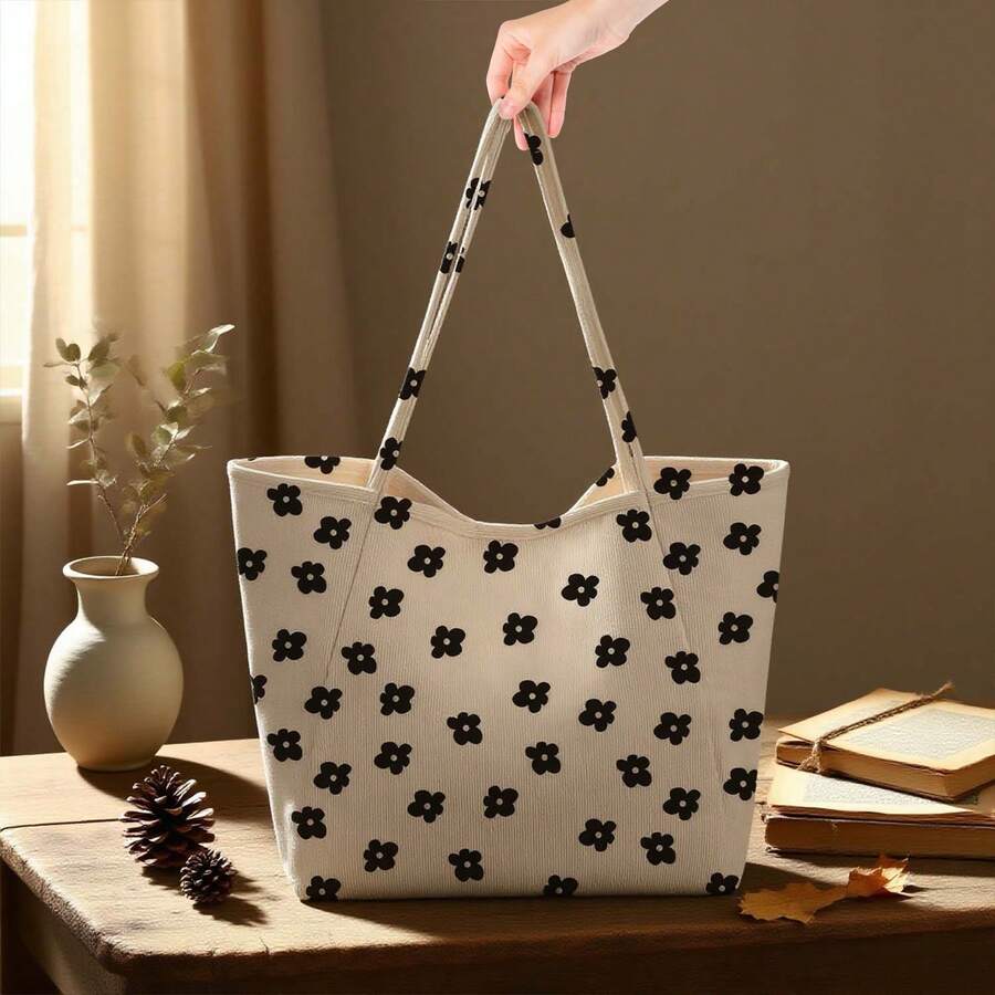 Corduroy Tote Bag, Women's Tote Bag, Shoulder Bag With Inner Pocket For Work Beach Travel And Shopping Grocery, Travel Gym Bag For Women Work Lunch Beach Grocery Shopping Shopper Handbags, Suitable For Work, School, College Student, Books, Shopping, Back To School, Best Friend Gifts, Birthday/Valentine's Day Decor Gifts, Auspicious New Year Gifts - 小黑花 - 查看 1