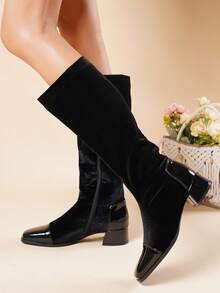2026 Autumn/Winter New Western Style Side Zipper Over-The-Knee Boots For Women, Square Toe Chunky Heel Tall Elastic Riding Boots - Black - View 17