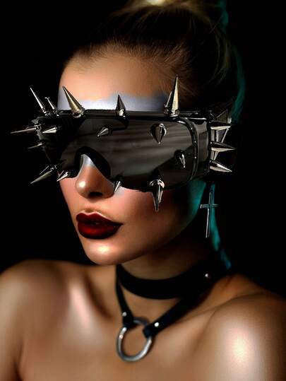 POLASUP 1 pieza Gafas decorativas de estilo gótico, ciberpunk y heavy metal para mujeres, con remaches y tachuelas, para festivales de música punk, desfiles y mascaradas (con correa para gafas)