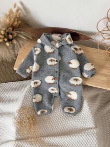 Newborn Baby Boy Thick Hooded Jumpsuit With Sheep Print, Warm For Winter - Grey - View 4