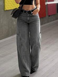 Women's Mid-Rise Button Fly Loose Fit Jeans - Casual Fashion Denim Pants - Autumn Apparel - Grey - View 4