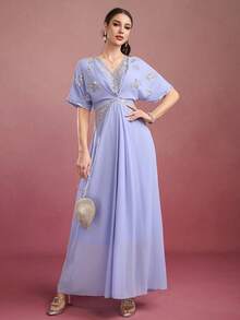 女士V领纯色刺绣优雅高腰插肩袖阿拉伯风长裙 春季 - 天藍色 - 查看 5