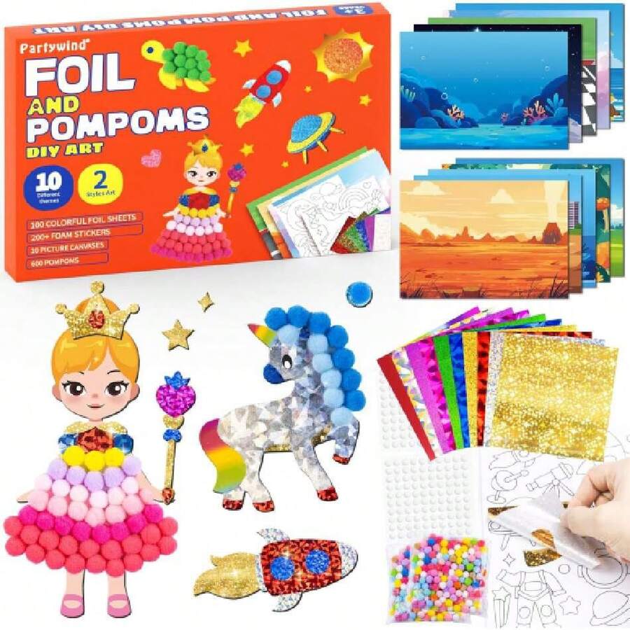 Foil Pom Poms Art For - Unicorns Princesses Ocean DIY Creative Craft Kits, Travel Toys, Party Favors, School Supplies, Birthday Gifts For Ages 4, 5, 6, 7, 8, 9, 0, , 2,29271488 - 彩色 - 查看 1