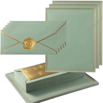 30/10 Set, Stationery Set With Gold Foil Greeting Cards, Includes #10 Business Envelopes, 8.5x11 Inch Paper & Stickers, Suitable For Letter Writing (Sage Green, 8.5x11 Inch)