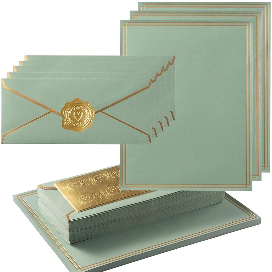 30/10 Set, Stationery Set With Gold Foil Greeting Cards, Includes #10 Business Envelopes, 8.5x11 Inch Paper & Stickers, Suitable For Letter Writing (Sage Green, 8.5x11 Inch)