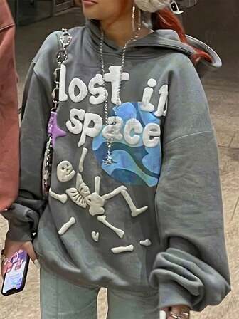 Autumn Solid Color Street Sport Loose Hoodies Foaming Print Long Sleeve Harajuku Hip Hop Hoodie For Women