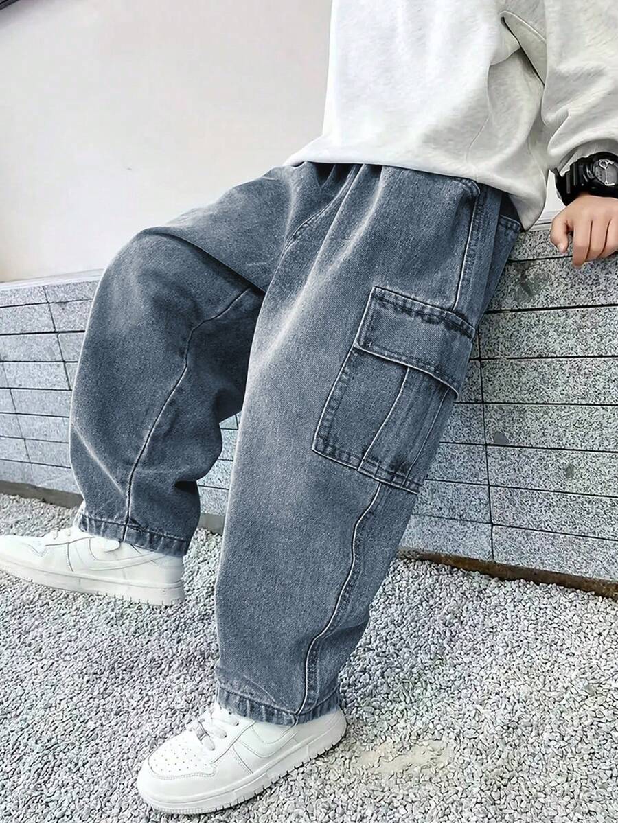 青少年男孩时尚直筒休闲牛仔裤 - 藏蓝色 - 查看 1