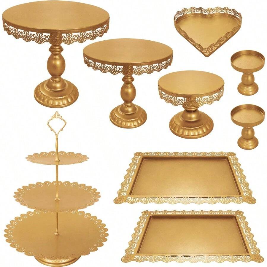 Set Of 9 Cake Sta Metal Cupcake Stand Set Multiple Styles Candy Fruit Display Tower Dessert Plate Cake Serving Tray For Birthday Party W Anniversary  Shower Engament - 金色 - 查看 1