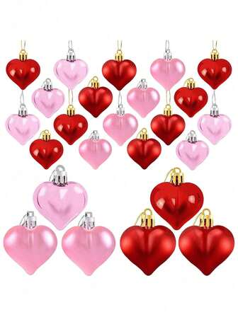 12/24pcs Valentine's Day Heart Shaped Ornaments, Red & Pink Glossy And Matt Heart Baubles Hanging Decorations For Tree Valentine's Day Wedding Anniversary Home Party Decor
