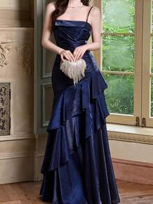 女士优雅别致蓝色舞会礼服，复古派对晚宴正式礼服，吊带修身显瘦设计，适合生日、婚礼、宾客、舞会、海滩度假等场合。 - 藏蓝色 - 查看 4