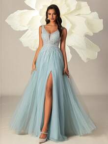 VIPGIRL Vestido de noche elegante largo con abertura alta y parches de lentejuelas para mujeres - Celeste - View 4