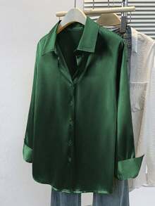 大码女士缎面衬衫，商务休闲款纽扣衬衫，翻领设计，优雅百搭，适合办公室和休闲场合穿着，秋冬春季皆宜。 - 墨綠色 - 查看 6