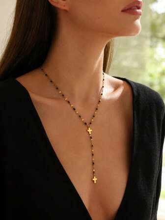 Collar en Y con cuentas estilo bohemio, collar con colgante de cruz y borla, collar con colgante en forma de Y con cuentas de colores, collar ligero, accesorio elegante para mujer, adecuado para uso diario, joyería de regalo