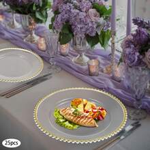 Clear Charger Plates, 25 Pack 12.6 Inch Round Shape Table Charger Plates Set Reusable Dinner Serving Tray Modern Table Setting Decoration For Holiday Wedding Party - Clear and Gold - 查看 4