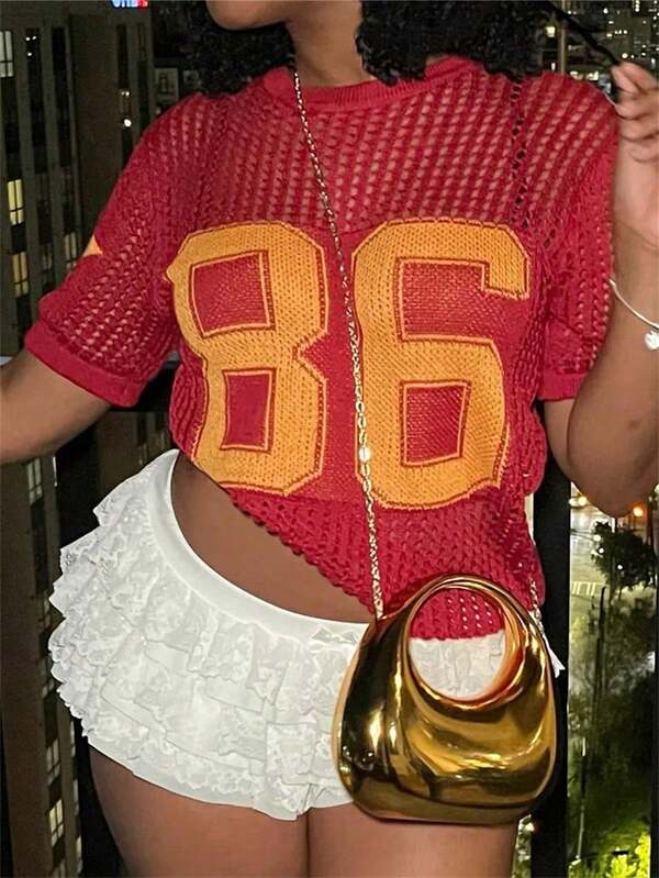 Camiseta casual de manga corta, cuello redondo, estampado de letras, de unicolor y de malla suelta para mujer en verano