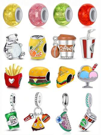 1件套食物主题素材，包括汉堡包、薯条、可乐、三明治、汽水、咖啡、啤酒、西瓜、冰淇淋、彩色珠子，可用于DIY吊坠手链和珠宝制作