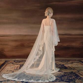 1pc Handmade Lace Trim Bridal Long Shawl, Elegant Wedding Dress Train Accessory