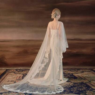 1pc Handmade Lace Trim Bridal Long Shawl, Elegant Wedding Dress Train Accessory