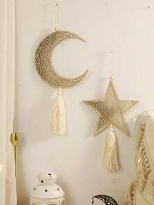 1 Stück/2 Stücke Set beige Mond & Stern geschnitzter hölzerner Hängedekoration, bohemian nordischer Stil Cut Out leichter Dekoartikel mit Quaste, natürliche Holzmaserung Mondsichel & Stern geformte Wanddekoration, geeignet für Zuhause Wohnzimmer, Schlafzimmer, Fensterecke, Flur, Eingang, Partyhintergrund, Atmosphärenbeleuchtung, Fotografie-Requisiten, Wandkunst - Beige - Übersicht 6