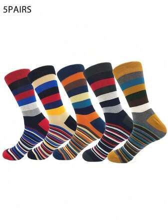 5双男士中筒袜，加大码，经典彩色厚薄条纹几何图案设计，吸汗透气，排汗速干，百搭休闲袜