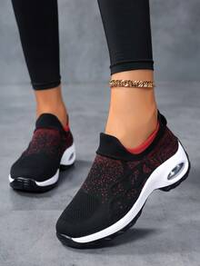 Women Breathable Lightweight Knit Walking Shoes Stretch Sock Upper Colorblock Pattern Round Toe Low Top Slip On Platform Heel Sneakers Casual Sport Style Women Daily Walking Outdoor Travel Spring Summer Black Red Fabric Athletic Shoes - Black - View 2