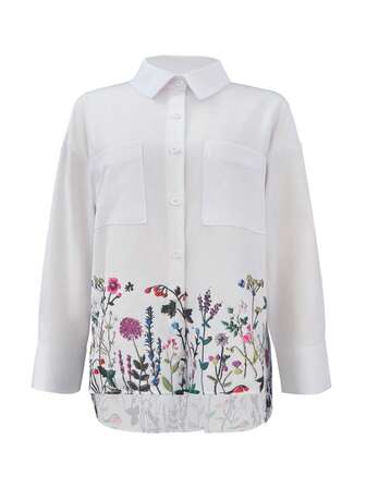 女士休闲高低花卉印花衬衫，梭织面料，适合夏季