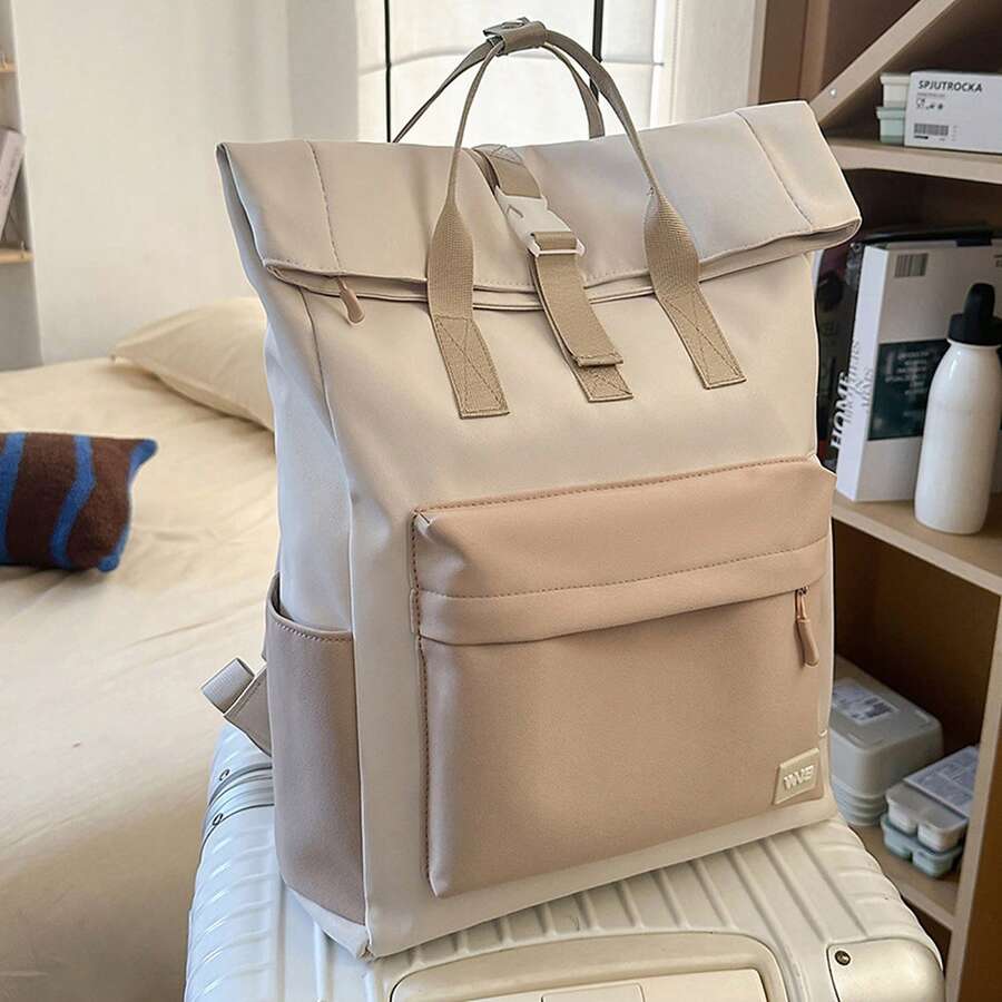 Sac à dos minimaliste en polyester pour femme, grande capacité, sac de voyage décontracté, sac à dos pour ordinateur portable, sac à dos scolaire léger - Kaki - Voir 1