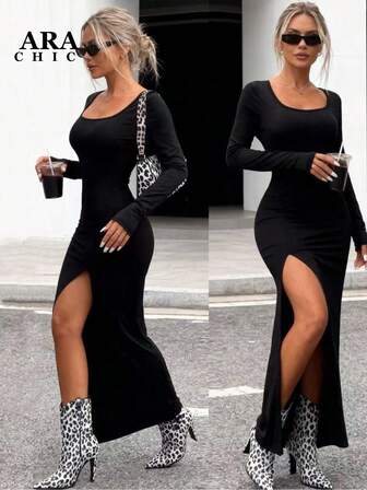 ARA CHIC Women's Black Sexy High-Slit Long-Sleeve Dress - Slim-Fitting, Innocent-Sexy Style, Bodycon Base Maxi Dress, Clubwear Inspired, New Arrival For Autumn Winter
