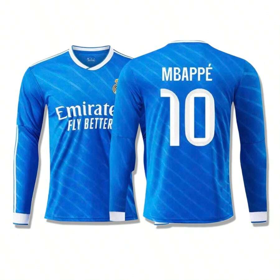 Real Madrid Second Away Game - Blue Long-Sleeved Football Jersey Training Wear, Long-Sleeved Autumn And Winter Quick-Dry Breathable Football Wear - 藍色 - 查看 1