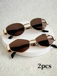 2pcs Vintage Oval Rhinestone Metal Frame Eyeglasses, Fashion Eyewear For Commute, Beach, Street Photography, Personalized