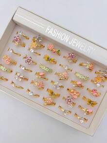 Bộ 10 chiếc nhẫn hình trái tim và bướm màu hồng đá zirconia tổng hợp thanh lịch, nhẫn cocktail hở có thể điều chỉnh, quà tặng trang sức thời trang dành cho phụ nữ. - 10 Vòng hoa giọt nước nhiều màu - Xem 3