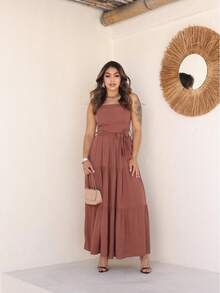 Elegant Women's Long Casual Dress, Lightweight And Comfortable Fabric - 摩卡棕 - 查看 6