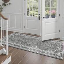 Washable Area Rug 5x7 - Soft Faux-Wool Area Rug Living Room Bedroom, Boho Vintage Floral Medallion Non-Slip Low Pile, Pet Friendly, Blue White - Grey White - 查看 4