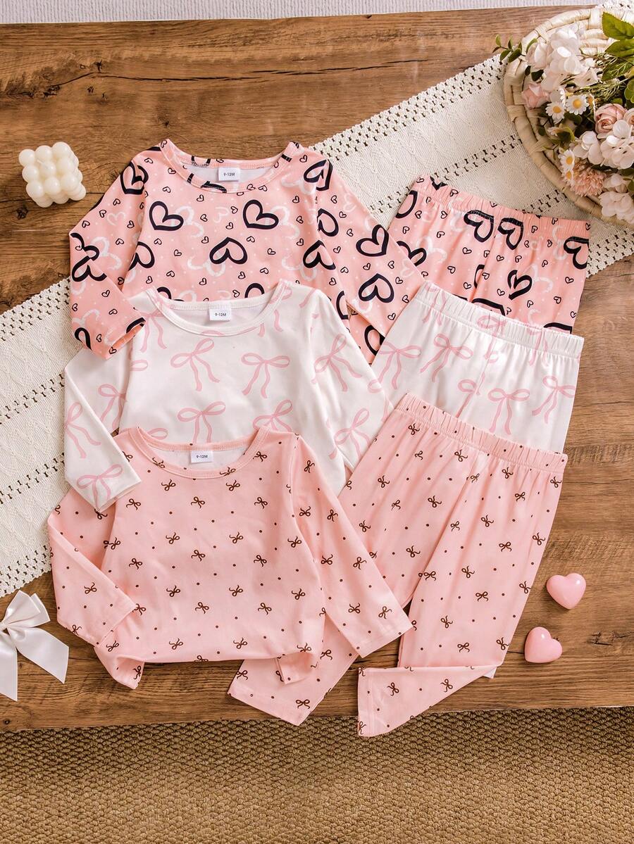3套(6件裝)女童幼兒休閒風愛心蝴蝶結圓點印花柔軟舒適阻燃針織面料長袖T恤&長褲寬鬆睡衣套裝，適合居家穿著，秋冬季 - 彩色 - 查看 1