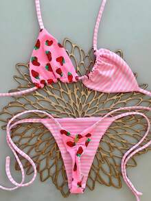 Bộ bikini dây mảnh xếp ly thắt nơ dành cho nữ, thiết kế hở lưng in họa tiết sọc trái cây hai mặt, phong cách tối giản thanh lịch, thích hợp cho Giáng sinh, tiệc bãi biển, kỳ nghỉ hè 2026, bộ bikini màu hồng cho kỳ nghỉ - Hồng - Xem 3