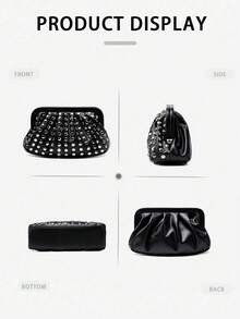 New Fashionable Versatile Features A Pleated Design With Retro Square Metal Trim. Simple Rivet Banquet Bag Niche Design High-End Retro Punk Style Popular Design Commuting Shopping Ladies Black, Cool Style Halloween Purse Perfect For Fancy Party Halloween Fashion & Music Festival Gothic Fashion - Black - View 3