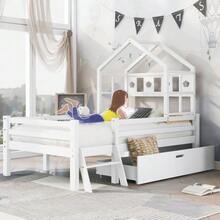 Children's Cabin Bed With Ladder And Drawers, Slatted Base Included, Solid Wood Loft Bed With Fall Protection 90x200cm White (Without Mattress) - 白色 - 查看 2