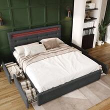 Bed Frame With LED Lighting And 2 Drawers, Single Upholstered Bed 90x200cm, Height-Adjustable Headboard, Wooden Slatted Base, Grey (Mattress Not Included) - 灰色1 - 查看 8