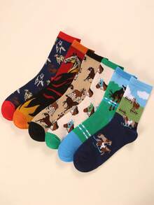 6双装女士个性化动物马年图案专属袜子，男女通用，欧美中筒袜 - 彩色 - 查看 9