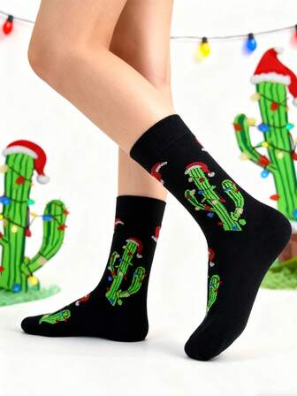 1 par de calcetines de media caña negros con estampado minimalista de cactus para mujer, versátiles y de moda casual