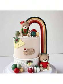 1 Set Or 1 Piece Christmas Teddy Bear Cake Decoration, Christmas Red Sweater Green Shirt Teddy Bear Ornament, Red And Green Striped Arch Gift Box Cake Decoration, Suitable For Baptism Birthday Cake Decoration, Christmas Theme Cake Decoration (Please Use With Tray Or Tube) - Multicolor - View 3