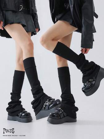 Calentadores de pierna acampanados negros sencillos, calentadores de muslo adelgazantes, medias estilo JK