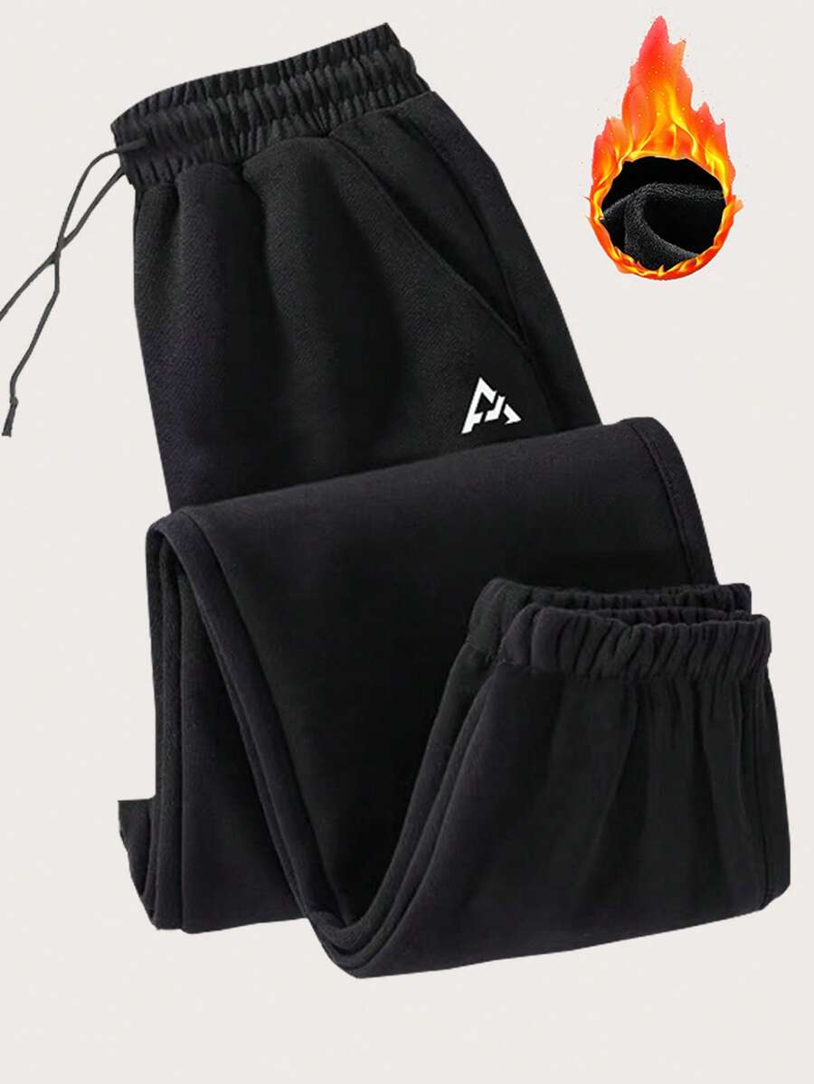 Pantalons de jogging d'hiver imprimés pour femmes - Pantalons de survêtement doublés de sherpa épais, pantalons thermiques taille haute avec cordon de serrage et chevilles côtelées, pantalons de détente doux et agréables à la peau pour le jogging en automne/hiver, les séances de gym, les week-ends détente et les tenues casual quotidiennes - Noir - Voir 1