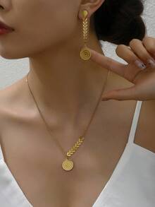 3pcs/Set Fashionable & Elegant Letter, Leaf Charm Titanium Hollow Necklace, Earrings, Choker Jewelry Set For Women