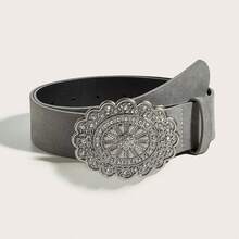 1 pieza Cinturón de mujer de cuero de PU con hebilla de aleación retro y estampado, adecuado para el estilo vaquero occidental - Gris - Ver 6