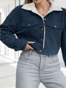 Women's Autumn & Winter Warm Fleece-Lined Corduroy Jacket - Multi - Color Stylish Thermal Cropped Outerwear, Cold - Proof Fashionable Fuzzy Jacket For Ladies