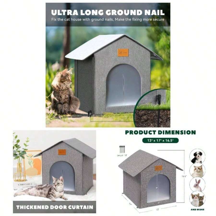 Outdoor House  Shelter, Outside Waterproof House Outdoor/Indoor Cats, Insulated Bed All Seasons With Cozy Cushion Easy To Assemble Floor Spike Style - 門簾款式+灰色 - 查看 1