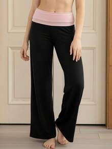 Women's Casual Wide Leg Pants Fold-Over High Waist Contrast Color Pants Loose Trousers Women Fold Over Yoga Pants Low Rise Wide Leg Sweatpants Color Block Flare Leggings Y2k Foldover Lounge Workout - 黑色 - 查看 4