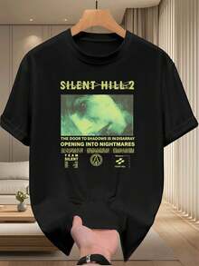 1 Piece, 100% Cotton Loose Fit T-Shirt, Casual Print T-Shirt, Silent Hill Game Graphic Tee, Spring, 100% Cotton, Art Print, Urban Hop, Breathable, Novelty, For Summer - 黑色 - 查看 2